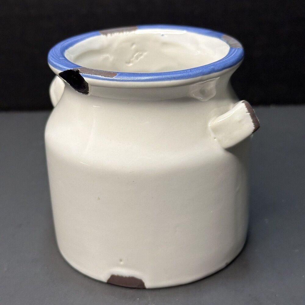 MayRich Co Country Stoneware White blue Rim Crock Kettle Distressed Farmhouse
